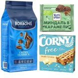 Кофе в зернах, злаковые батончики и шоколад